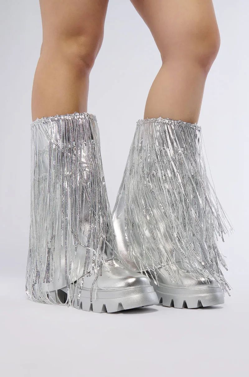 AZALEA WANG CYNDRA SILVER FRINGE BOOT