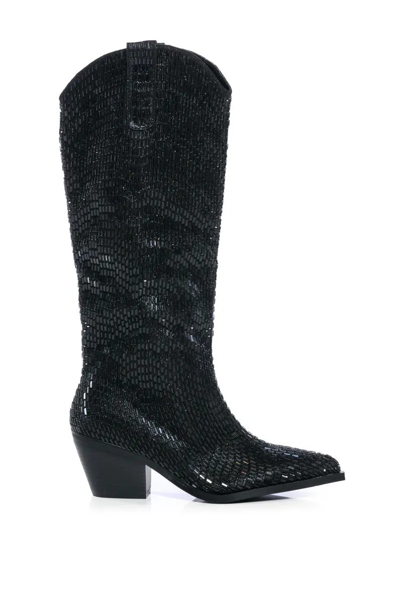 AZALEA WANG DRIVEN RHINESTONE WESTERN BOOT IN BLACK