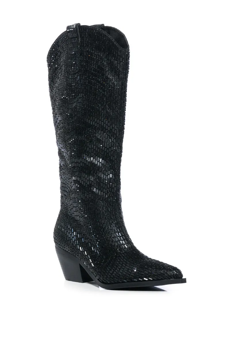 AZALEA WANG DRIVEN RHINESTONE WESTERN BOOT IN BLACK