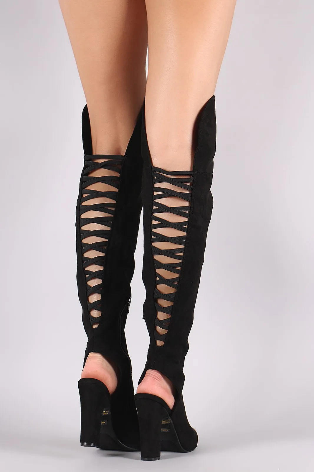 Bamboo Back Lattice Suede Chunky Heel Cuff OTK Boots