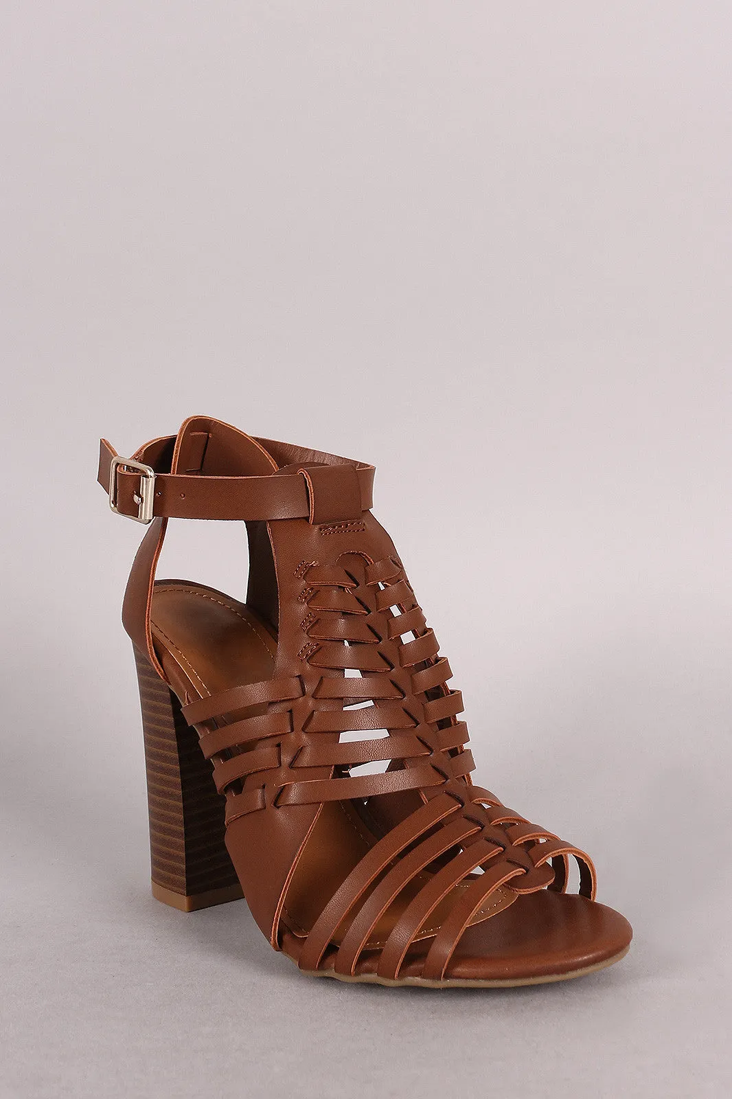 Bamboo Buckled Strappy Woven Chunky Heel