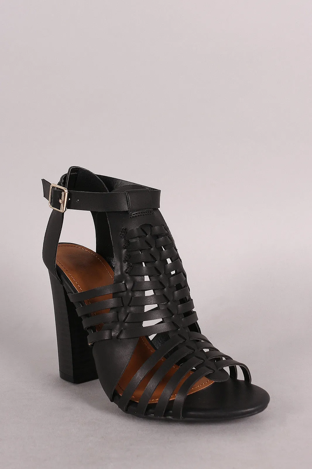 Bamboo Buckled Strappy Woven Chunky Heel