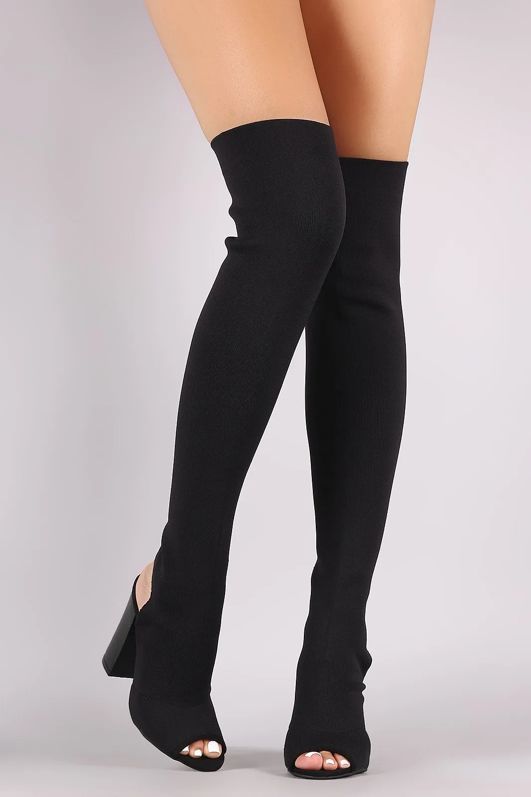 Bamboo Stretchy Knit Peep Toe Chunky Heeled Over-The-Knee Boots