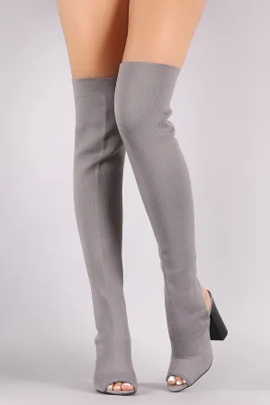 Bamboo Stretchy Knit Peep Toe Chunky Heeled Over-The-Knee Boots