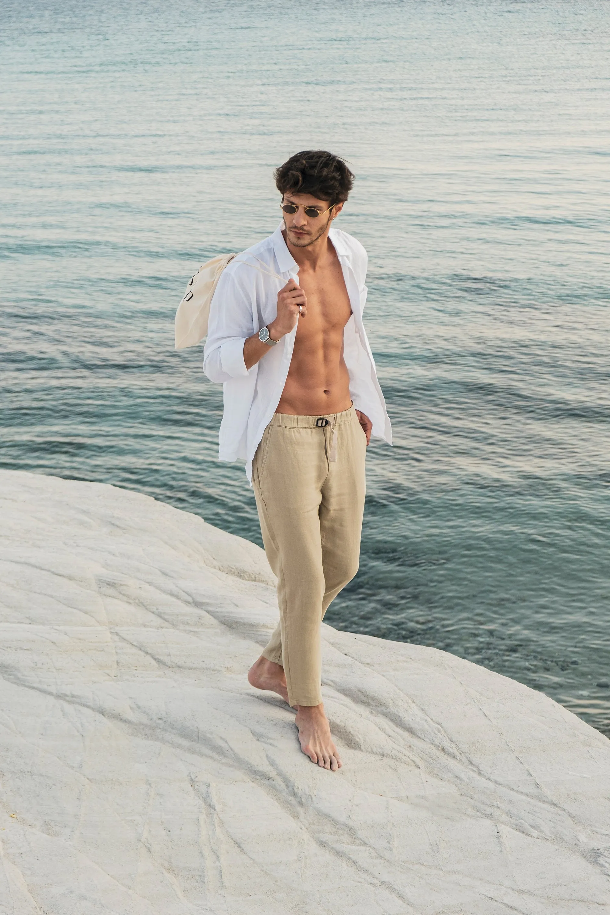 Beige Tan Mens Linen Tapered Pants