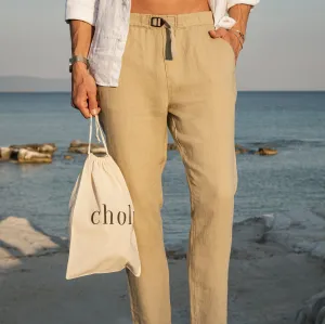 Beige Tan Mens Linen Tapered Pants