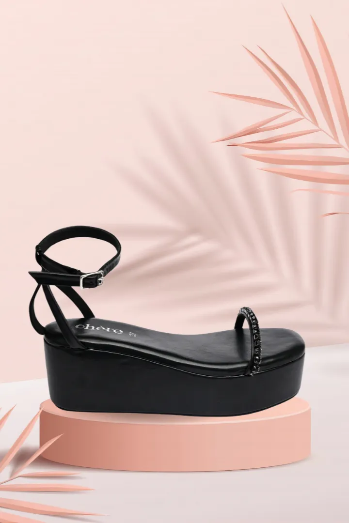 Black Embellished Ankle Strap Wedges for Women