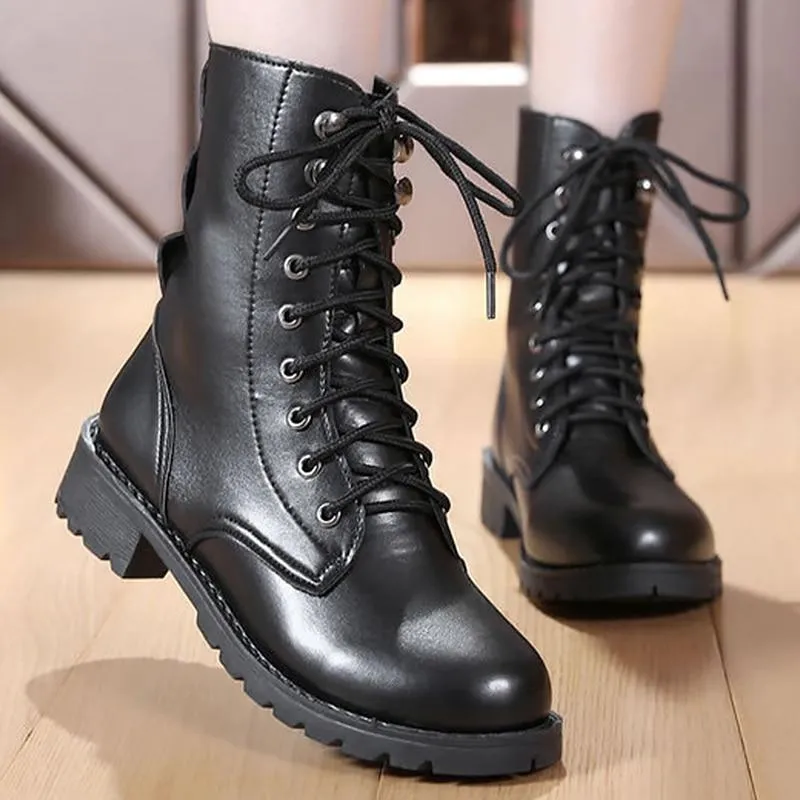 Black Motorcycle Leather Strap Round Toe Chunky Heel Ankle Boots