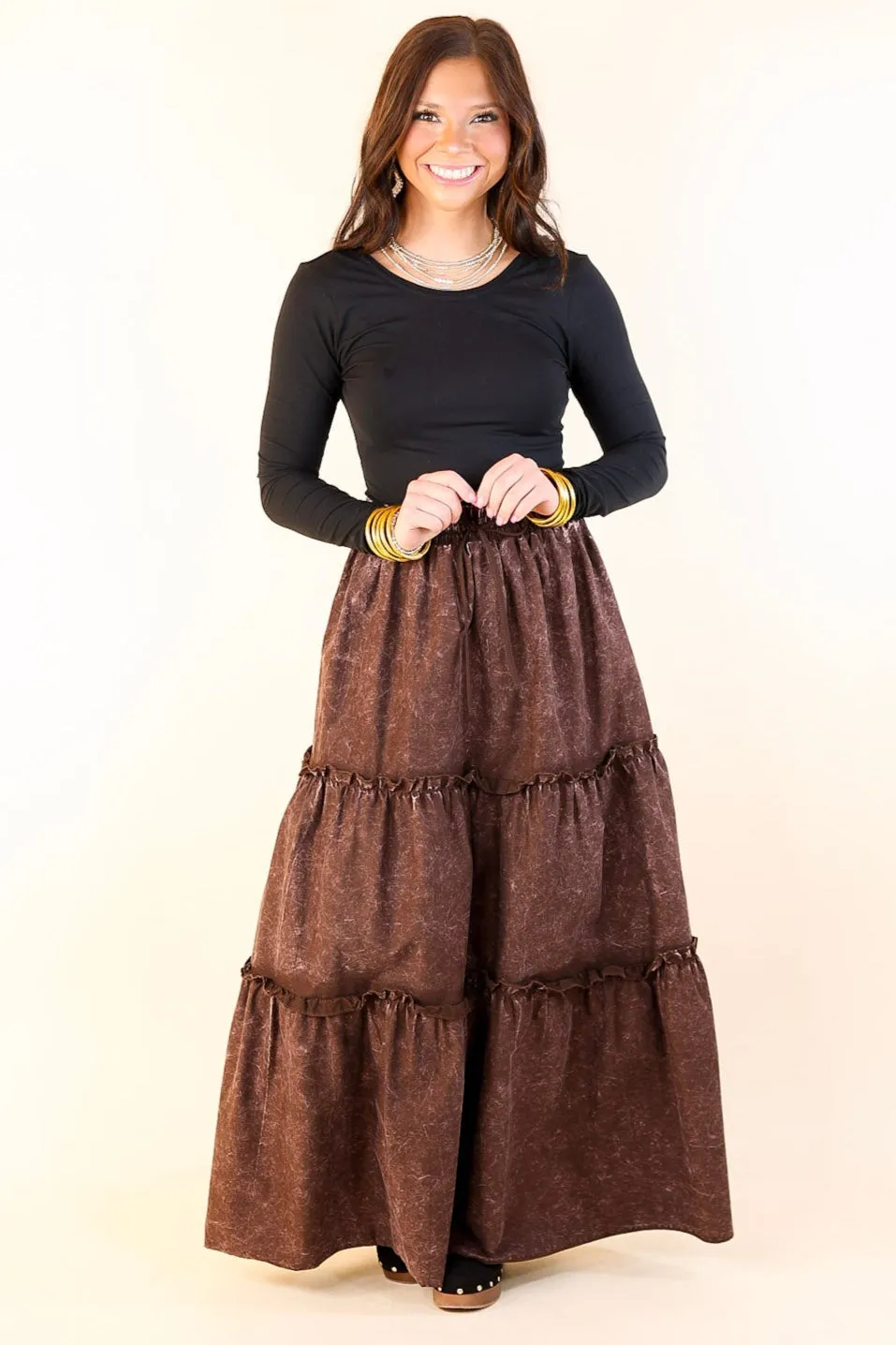 Boho Bliss Acid Wash Tiered Ruffle Maxi Skirt in Dark Brown