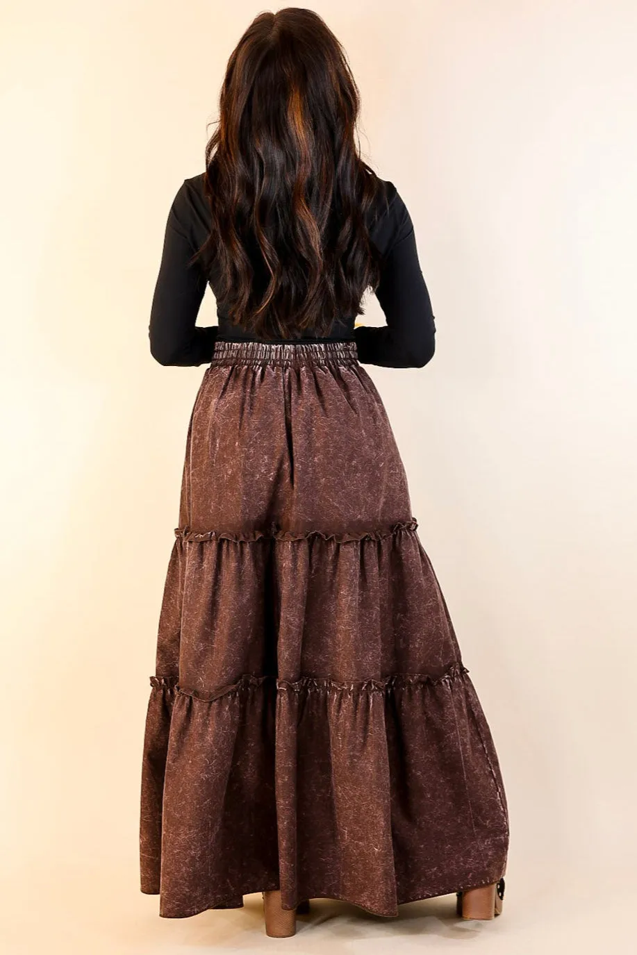 Boho Bliss Acid Wash Tiered Ruffle Maxi Skirt in Dark Brown