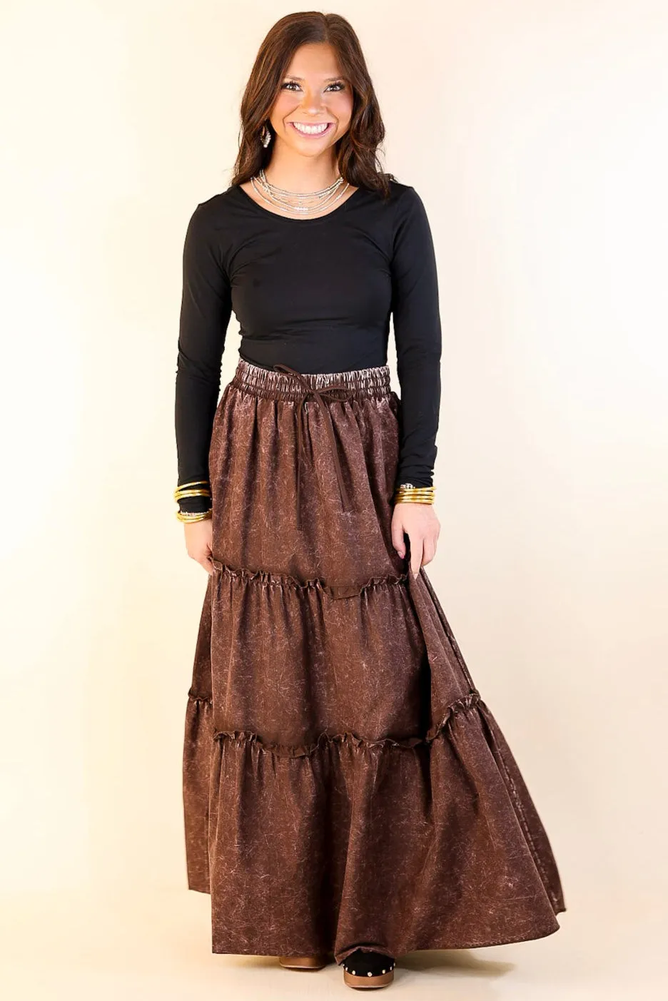 Boho Bliss Acid Wash Tiered Ruffle Maxi Skirt in Dark Brown