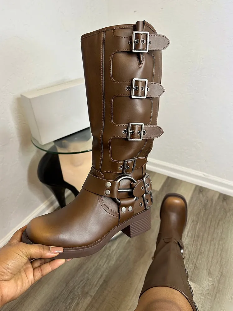 Buckle Leather Chunky Heel Boots