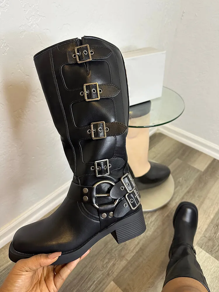 Buckle Leather Chunky Heel Boots