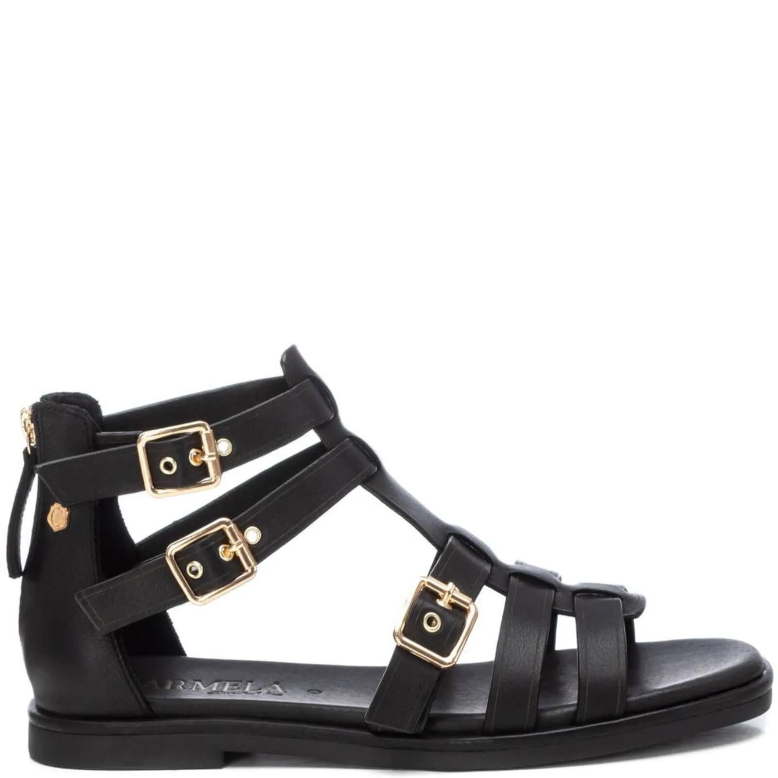 Carmela Black Leather Strappy Flat Sandals