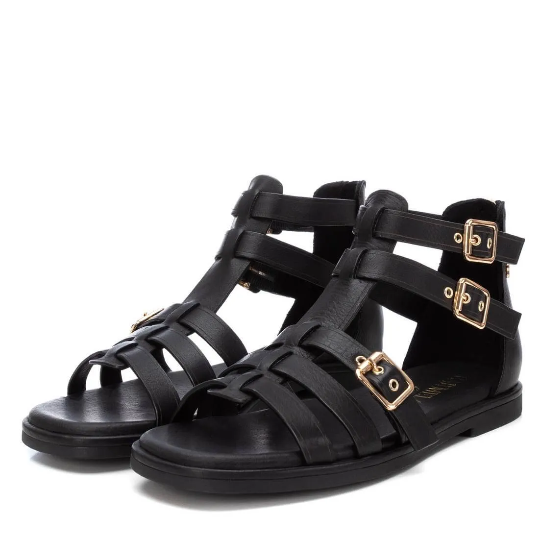 Carmela Black Leather Strappy Flat Sandals