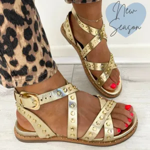 Carmela Studded Gold Strappy Flat Sandals