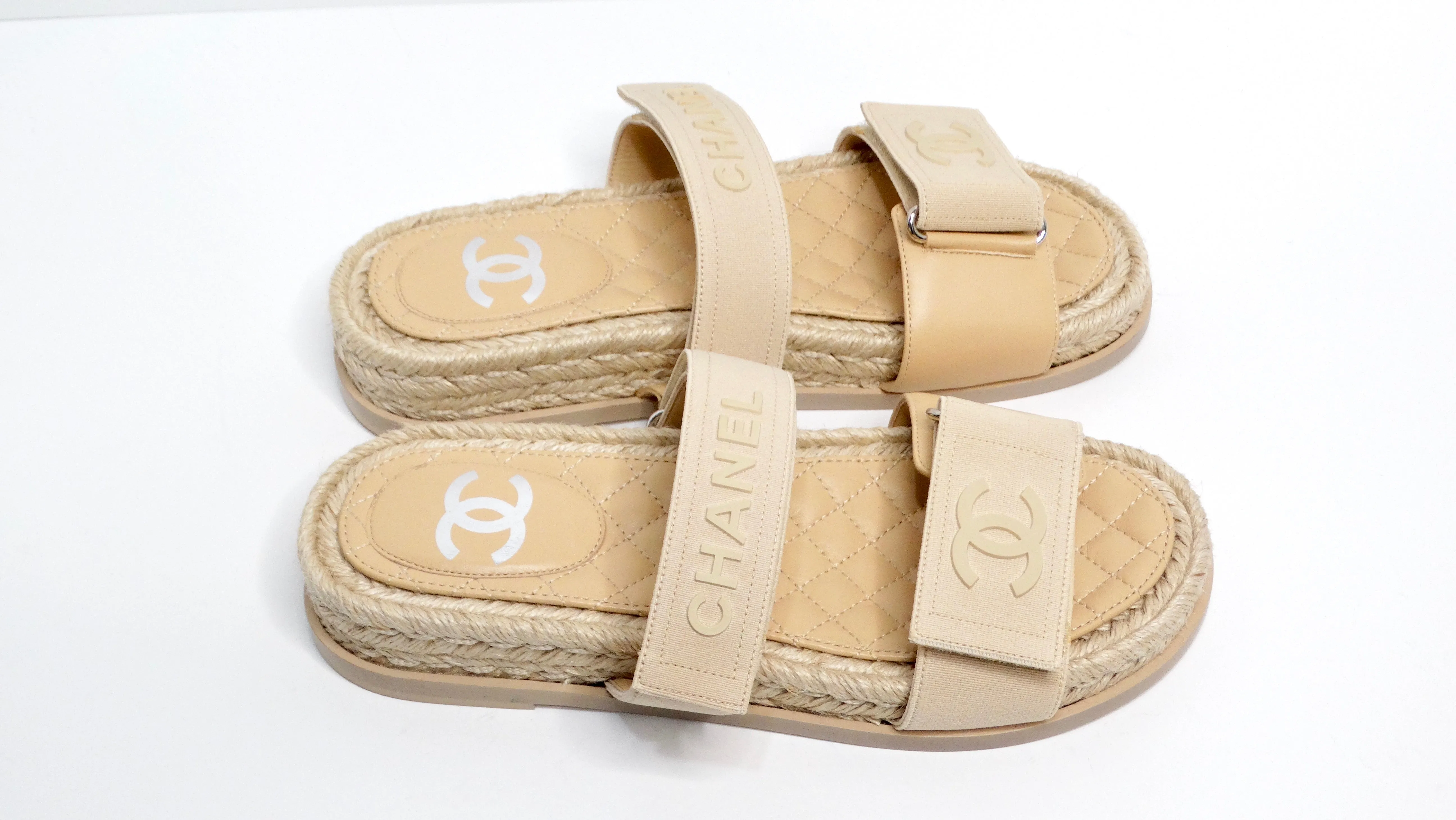 Chanel Beige Lambskin Espadrille Strap Sandals