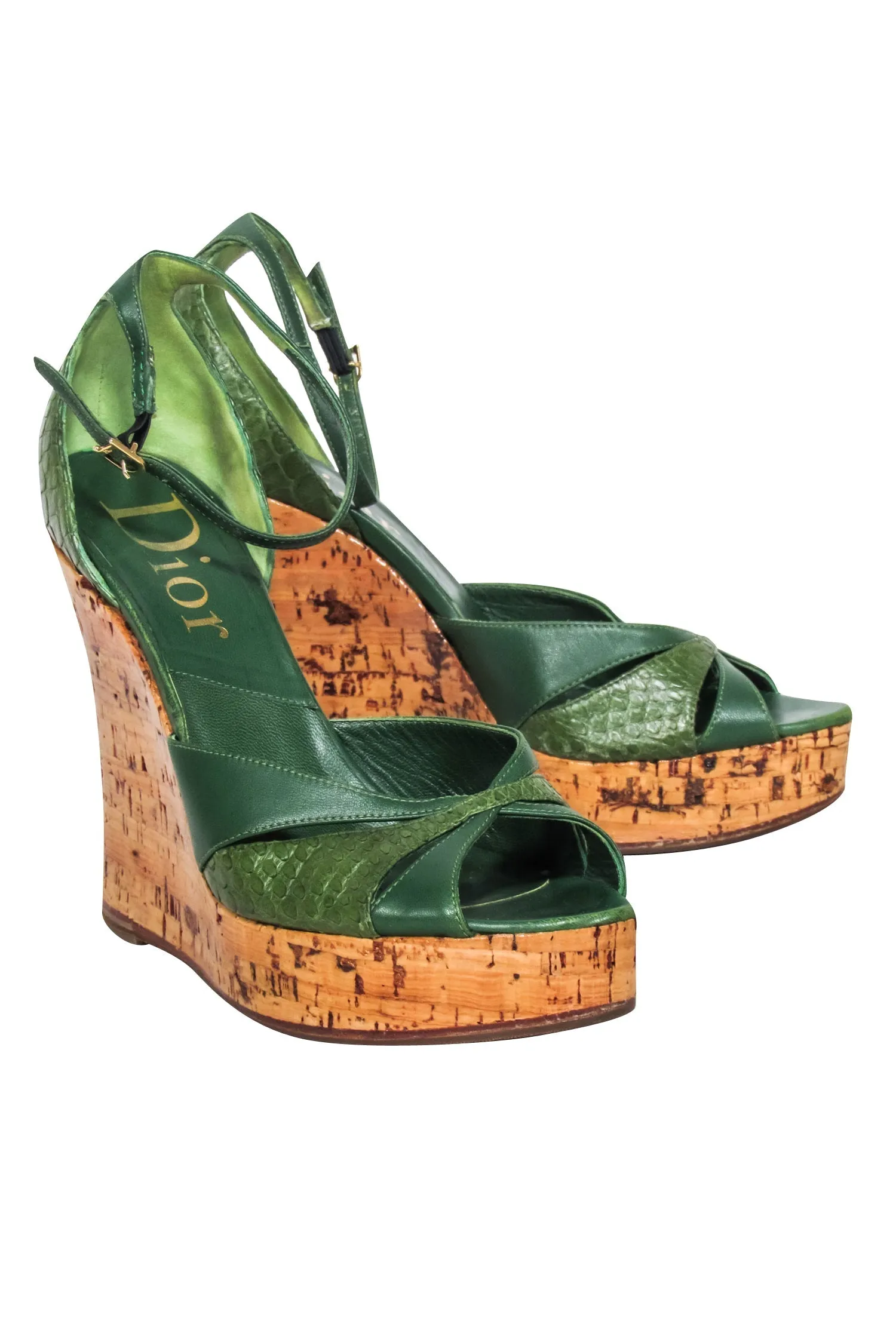 Christian Dior - Green Leather Cork Wedges Sz 8.5