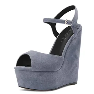 DearOnly Womens Wedge Platform Sandals Peep Open Toe Ankle Strap Block Chunky Heel Suede Dress Shoes Bridal Wedding Shopping Cute Grey 6 Inch