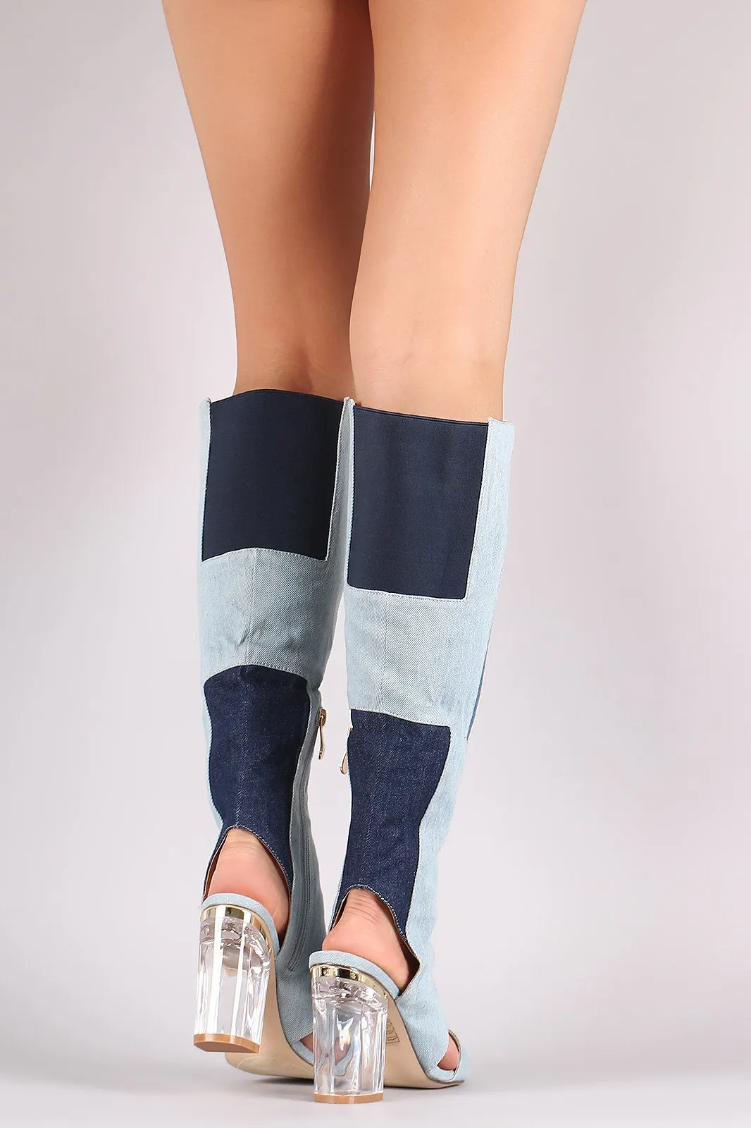 Denim Patchwork Chunky Clear Heeled Cutout Knee High Boots