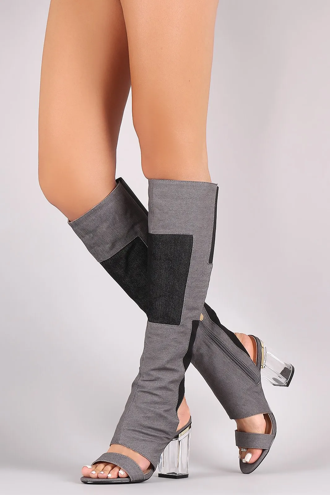 Denim Patchwork Chunky Clear Heeled Cutout Knee High Boots