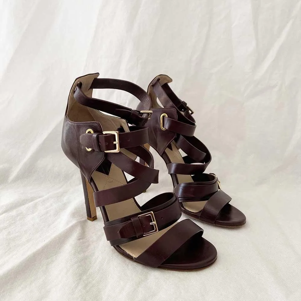 Elie Saab Brown Leather Strappy Sandal Heels, 38