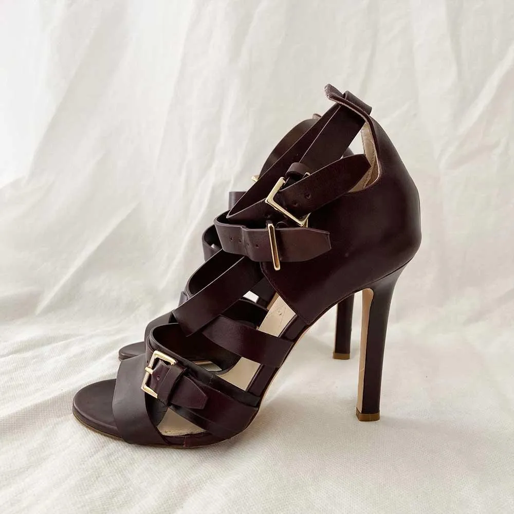 Elie Saab Brown Leather Strappy Sandal Heels, 38