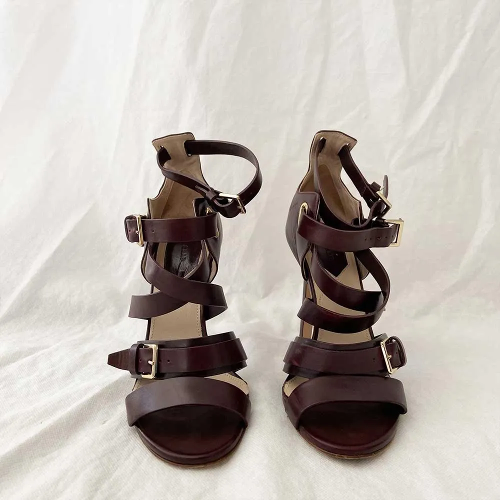 Elie Saab Brown Leather Strappy Sandal Heels, 38