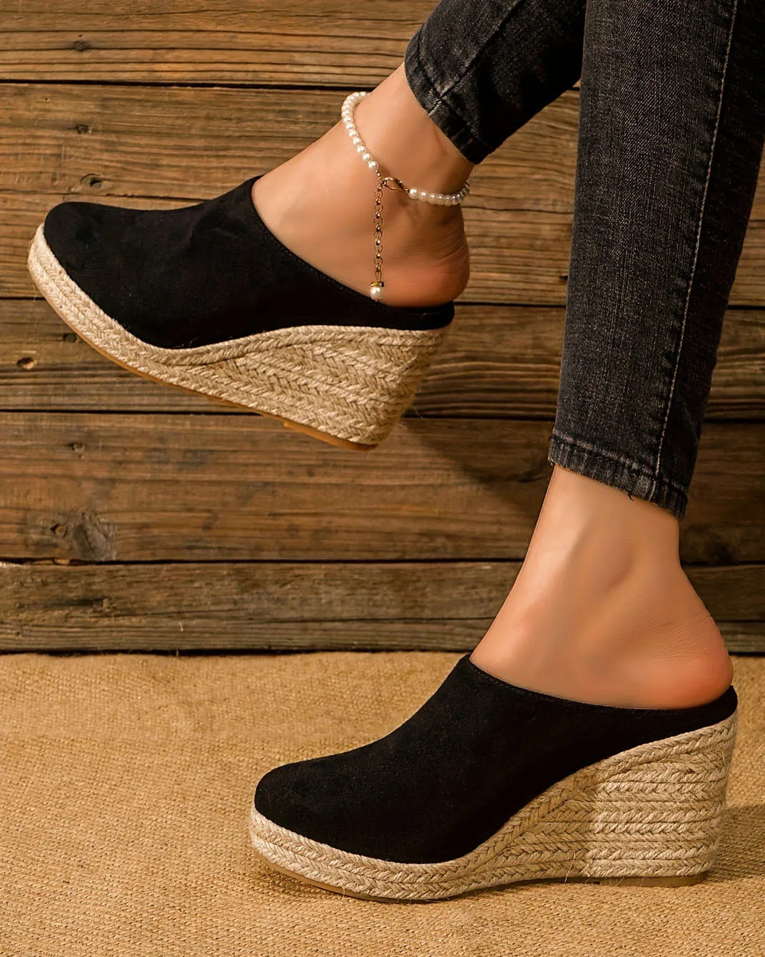 elveswallet Comfy Closed Toe Backless Slip Espadrille Wedge Sandals