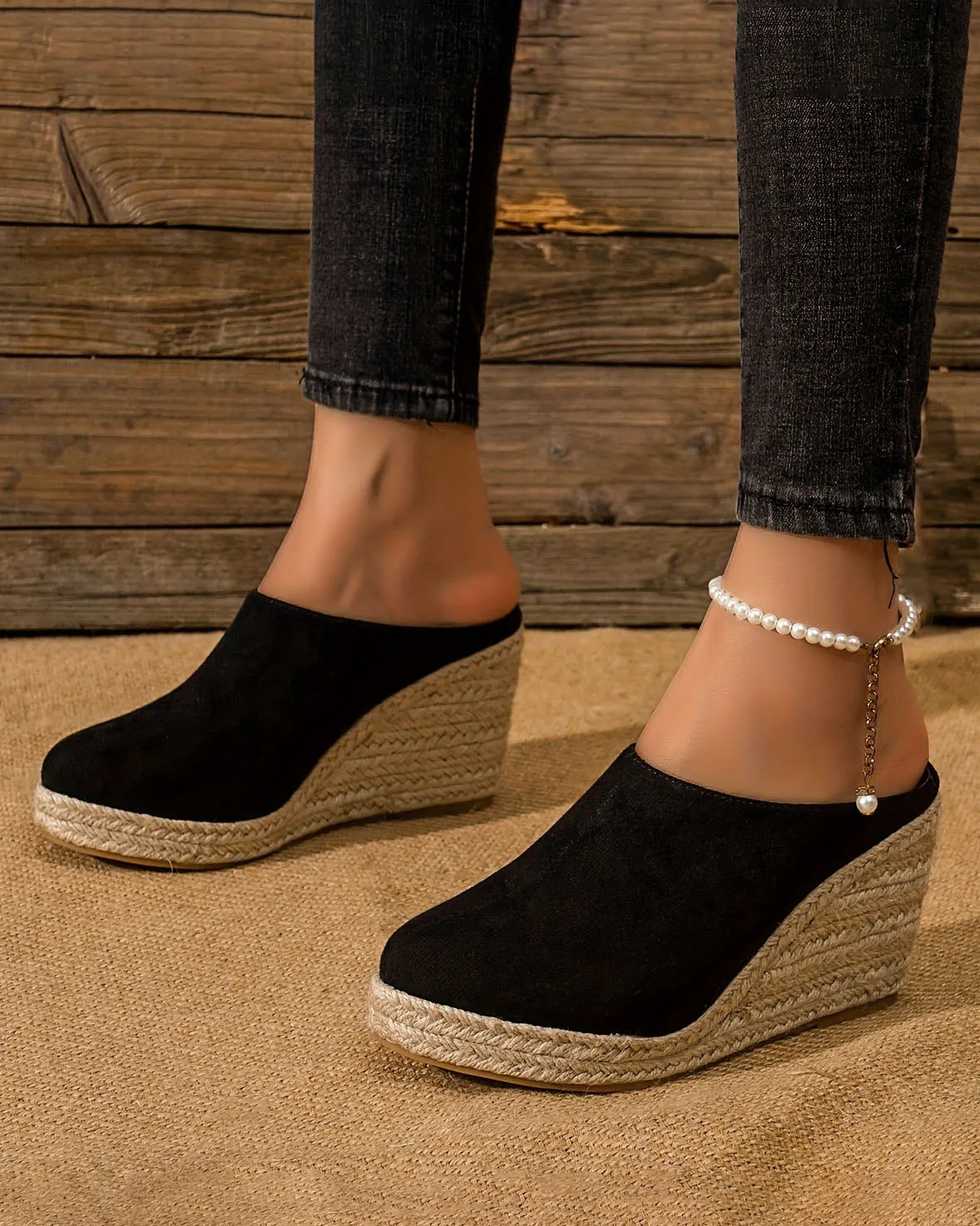 elveswallet Comfy Closed Toe Backless Slip Espadrille Wedge Sandals