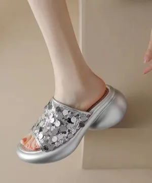 Fashion Sequins Platform Silver Breathable Mesh Slide Sandals KJ035