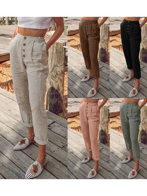 FashionSierra - 5 Colors Plain Button Pocket Linen Pants