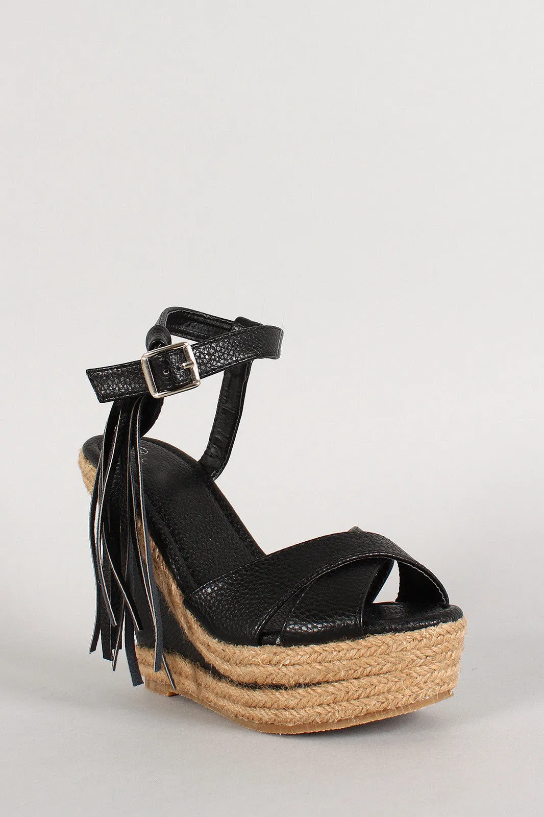 Fringe Peep Toe Espadrille Platform Wedge