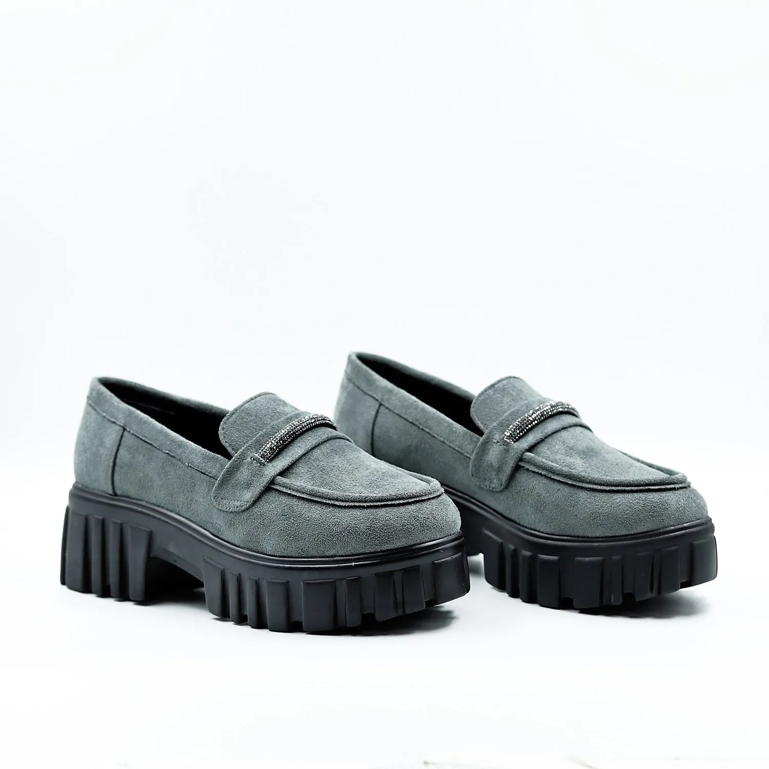 Grey Suede Slip on Rhine Strap Loafers