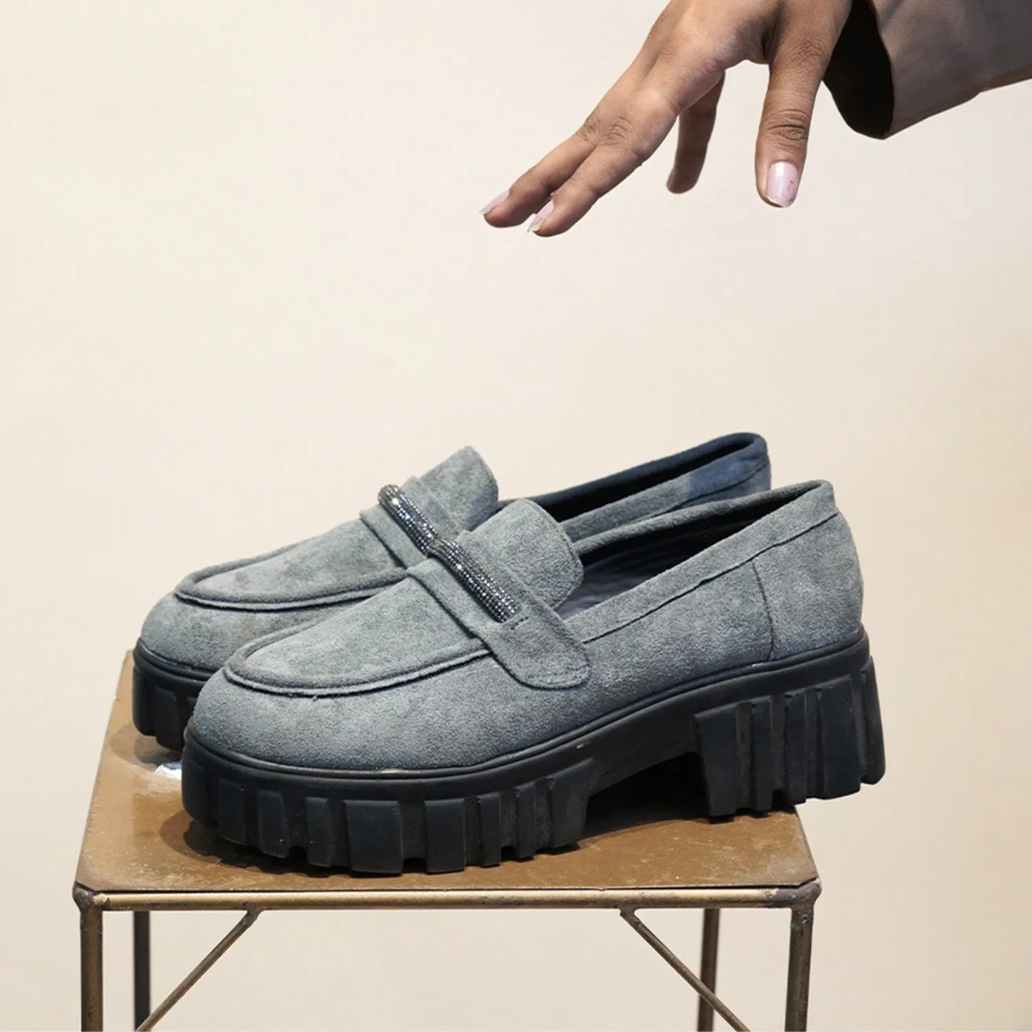 Grey Suede Slip on Rhine Strap Loafers