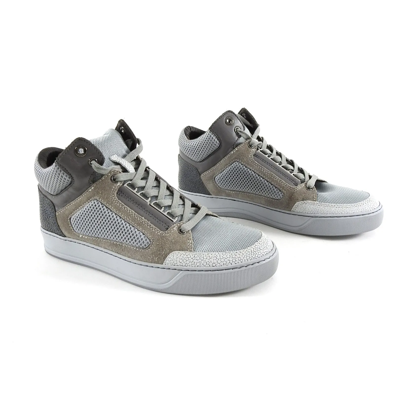 Lanvin Grey Mesh and Suede Mid Top Lace Up Sneakers - 6