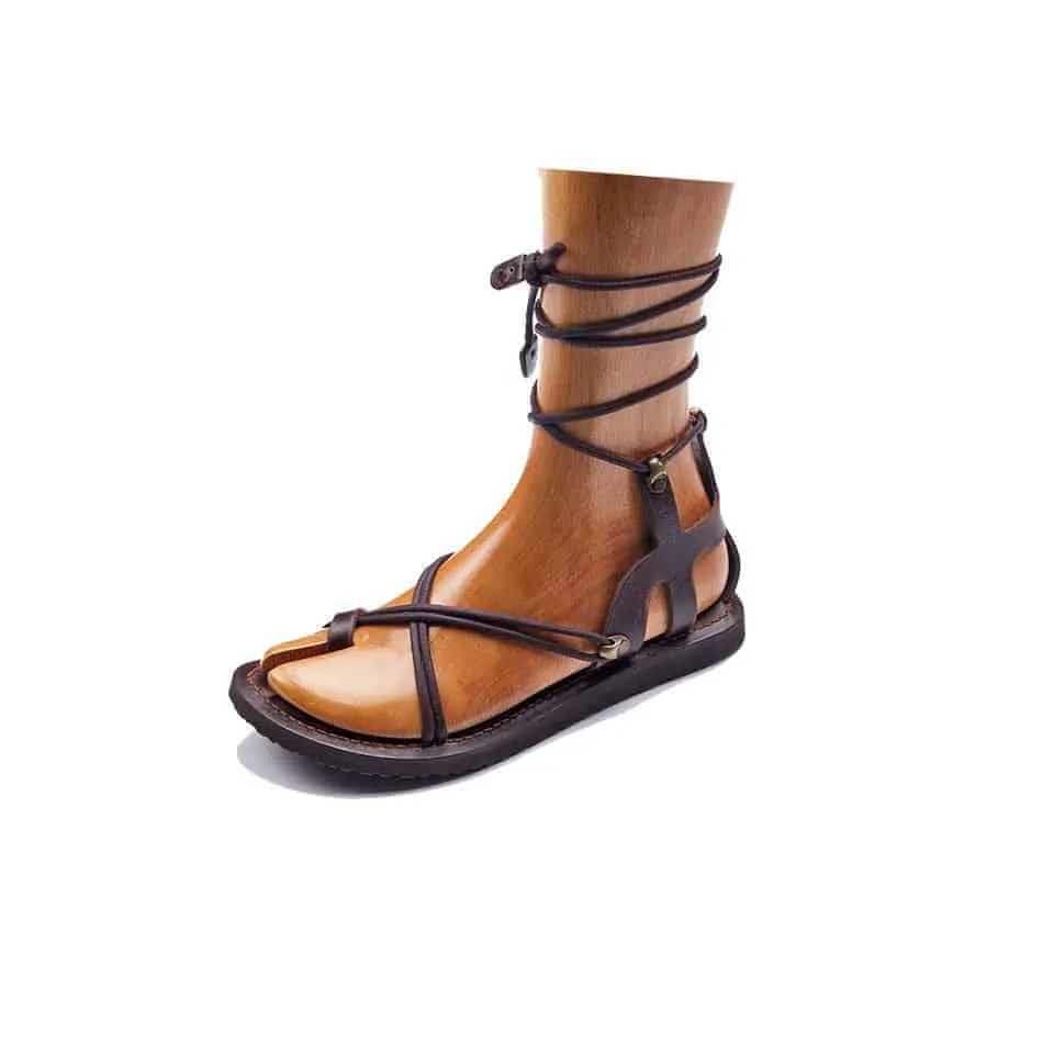 Leather Ankle Strappy Flat Sandals For Womens