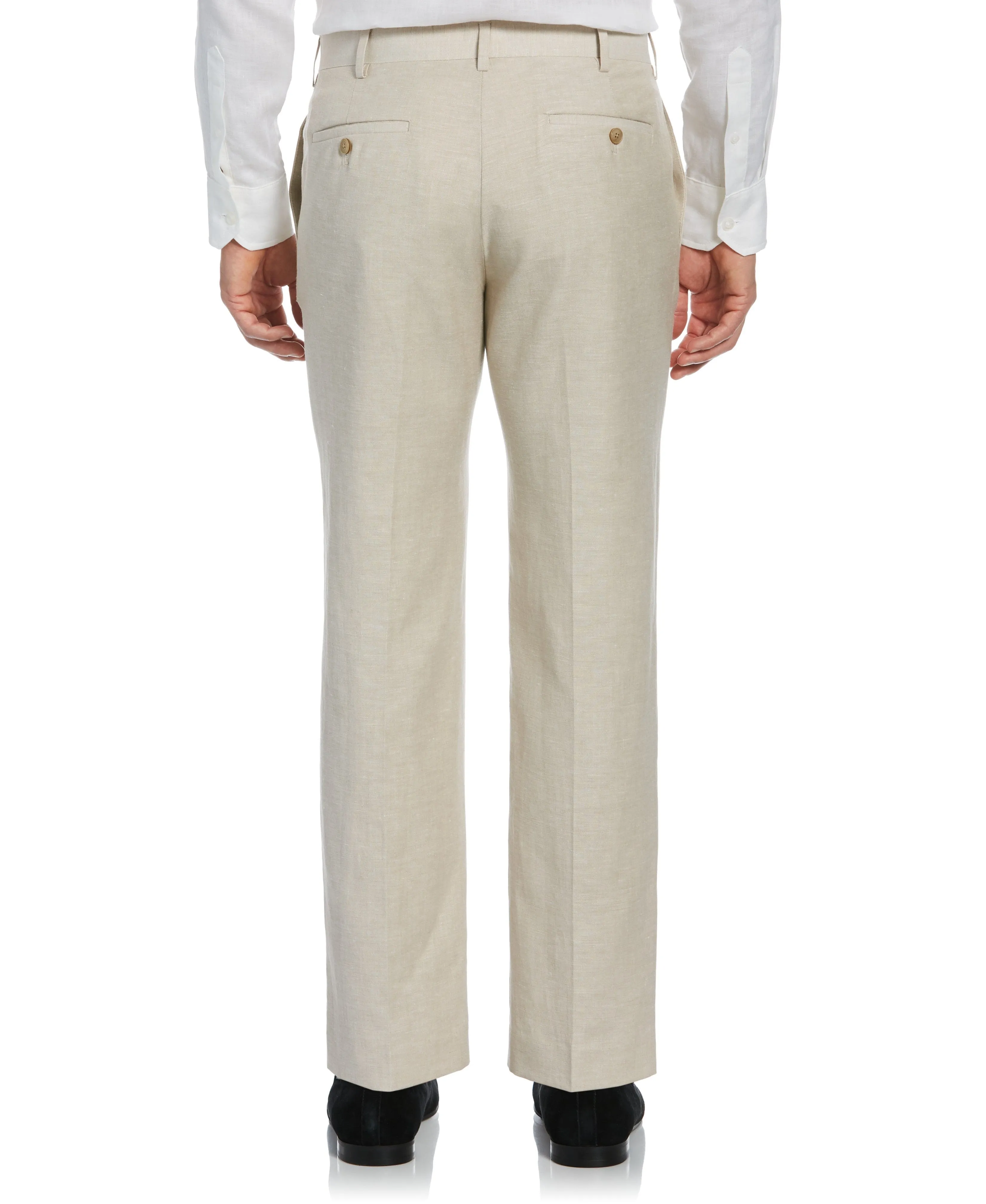 Linen-Blend Flat Front Pants - Khaki