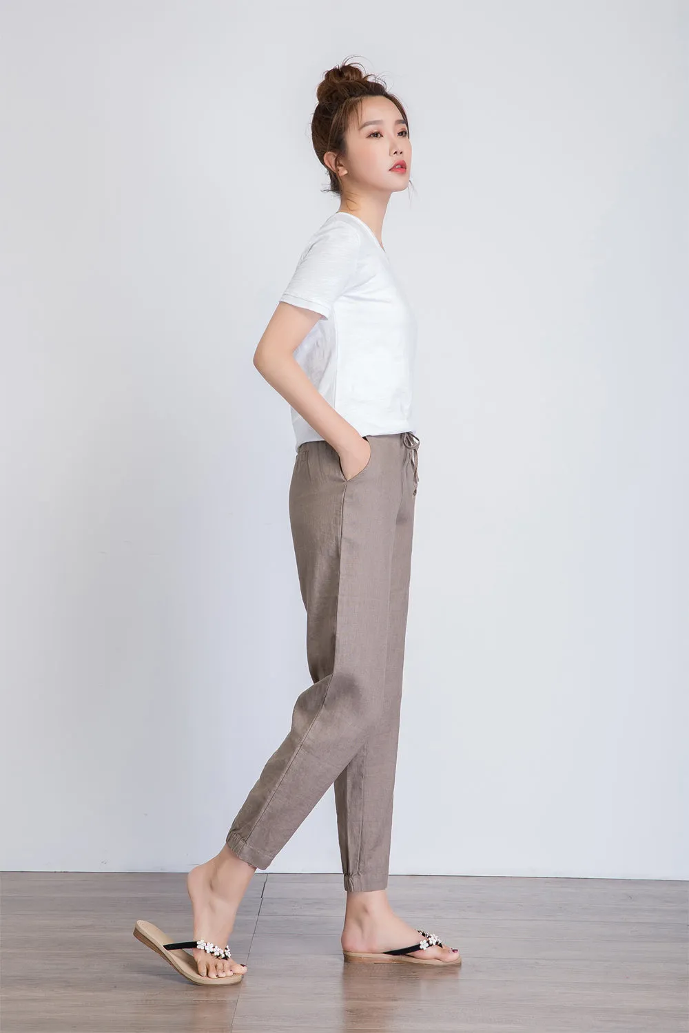 linen cropped pants women, brown linen trousers, drawstring waist pants, summer casual pants1939