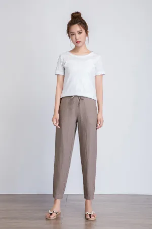 linen cropped pants women, brown linen trousers, drawstring waist pants, summer casual pants1939