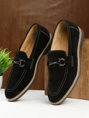 Men's BLACK Suede Leather Loafers With Antique Silver Buckle