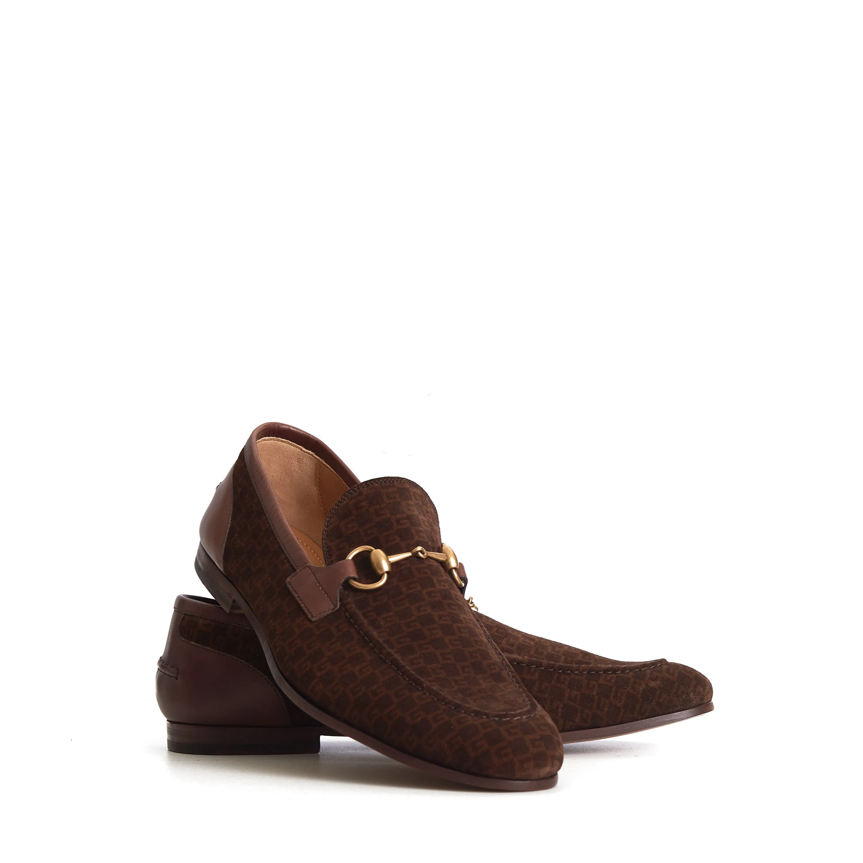 Men's Dark Brown Suede & Leather Loafers - Horsebit, Interlocking G Pattern