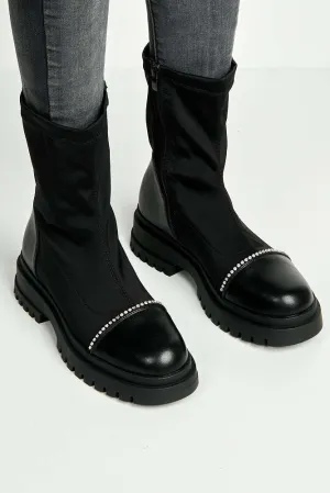 Meryl Diamante Trim Toe Cap Chunky Ankle Boots in Black