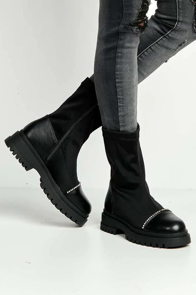 Meryl Diamante Trim Toe Cap Chunky Ankle Boots in Black