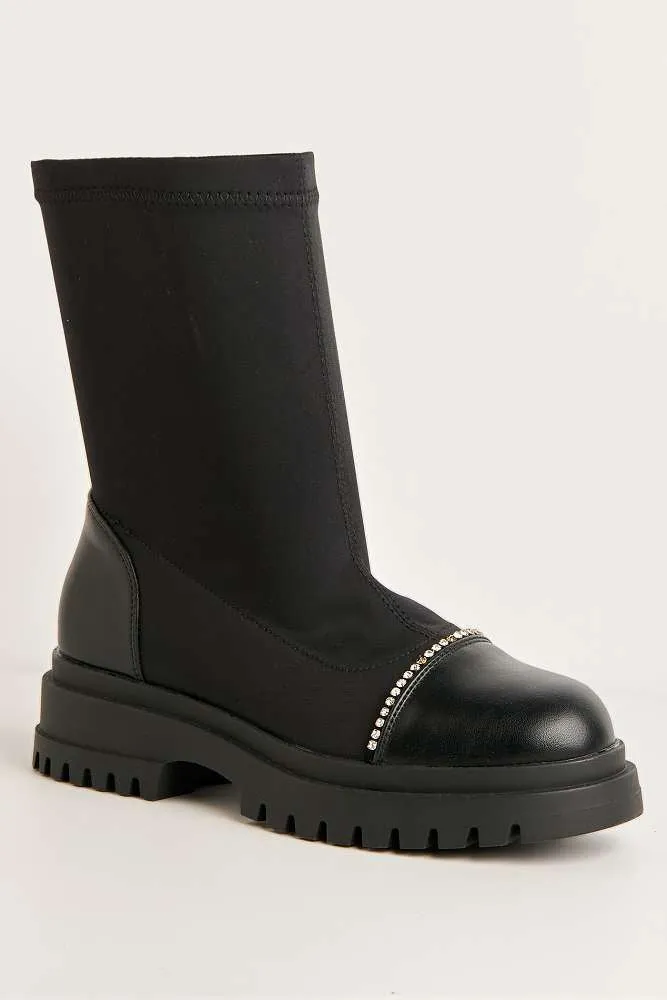 Meryl Diamante Trim Toe Cap Chunky Ankle Boots in Black