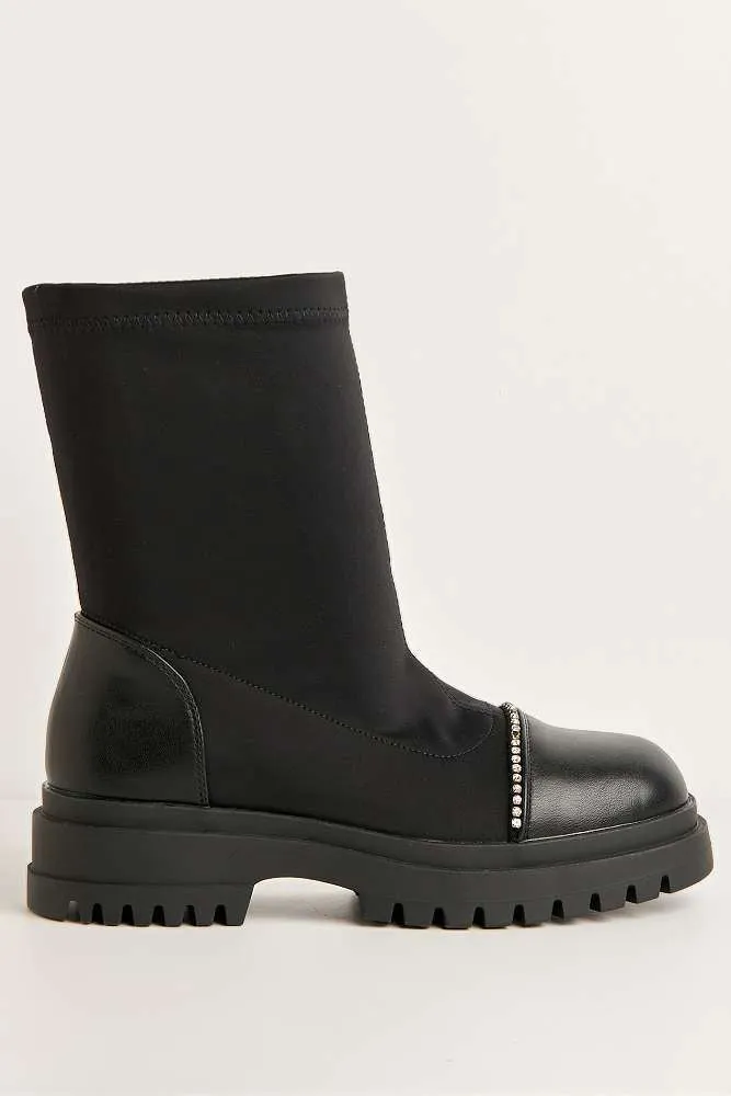 Meryl Diamante Trim Toe Cap Chunky Ankle Boots in Black