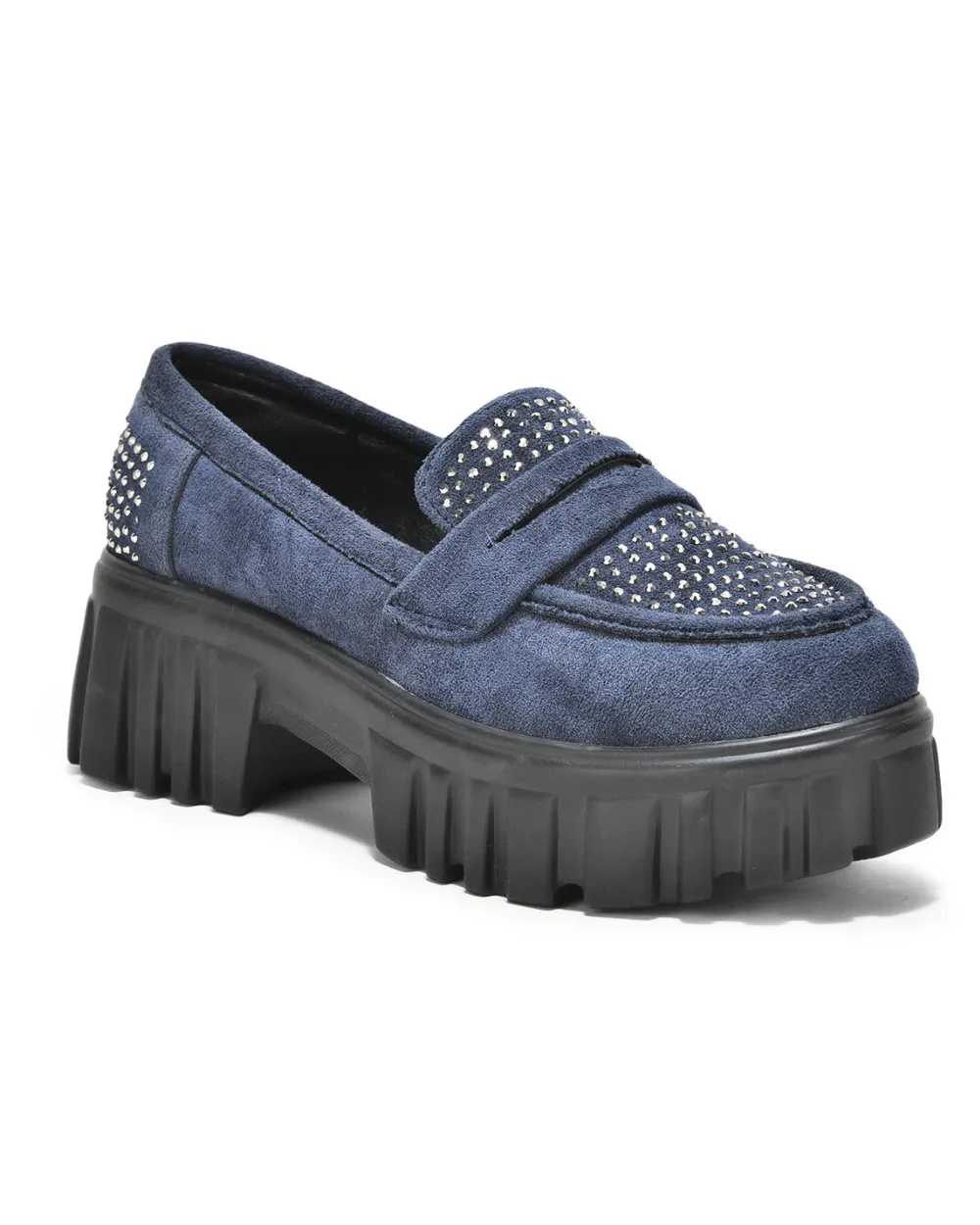 Navy-Blue Slip-on Suede Embellished Loafers