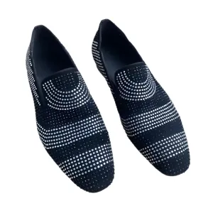 New Black & White Rhinestone Loafers for Men – Suede Leather Italian Dress Shoes with Crystal Accents, Slip-On Flats