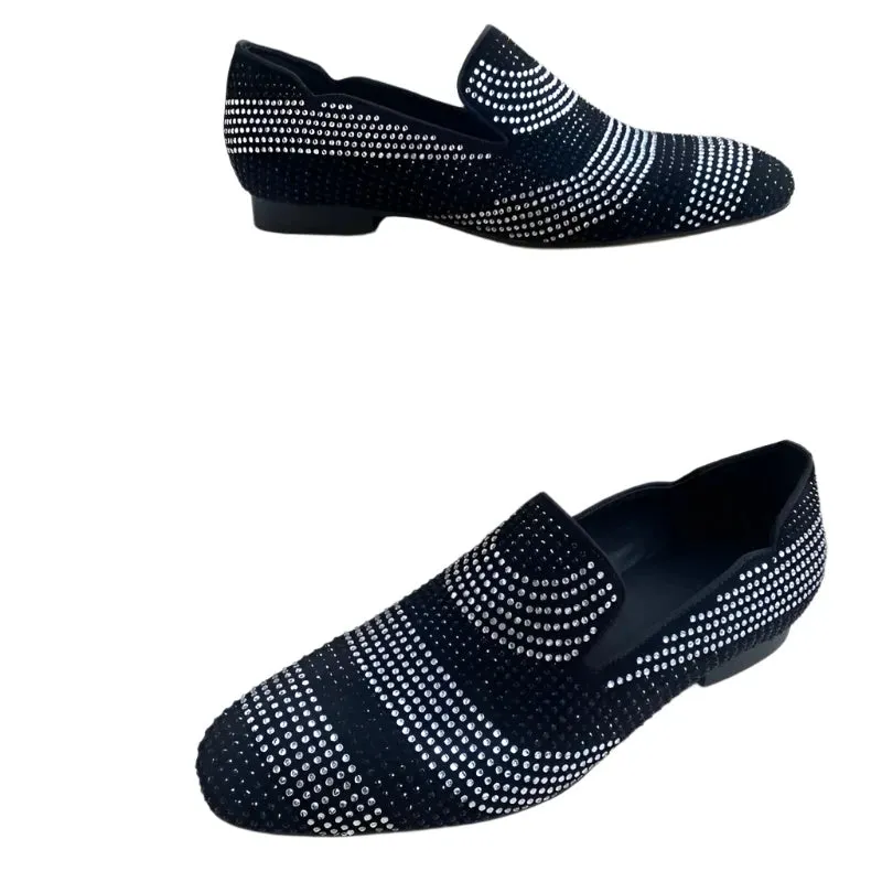 New Black & White Rhinestone Loafers for Men – Suede Leather Italian Dress Shoes with Crystal Accents, Slip-On Flats