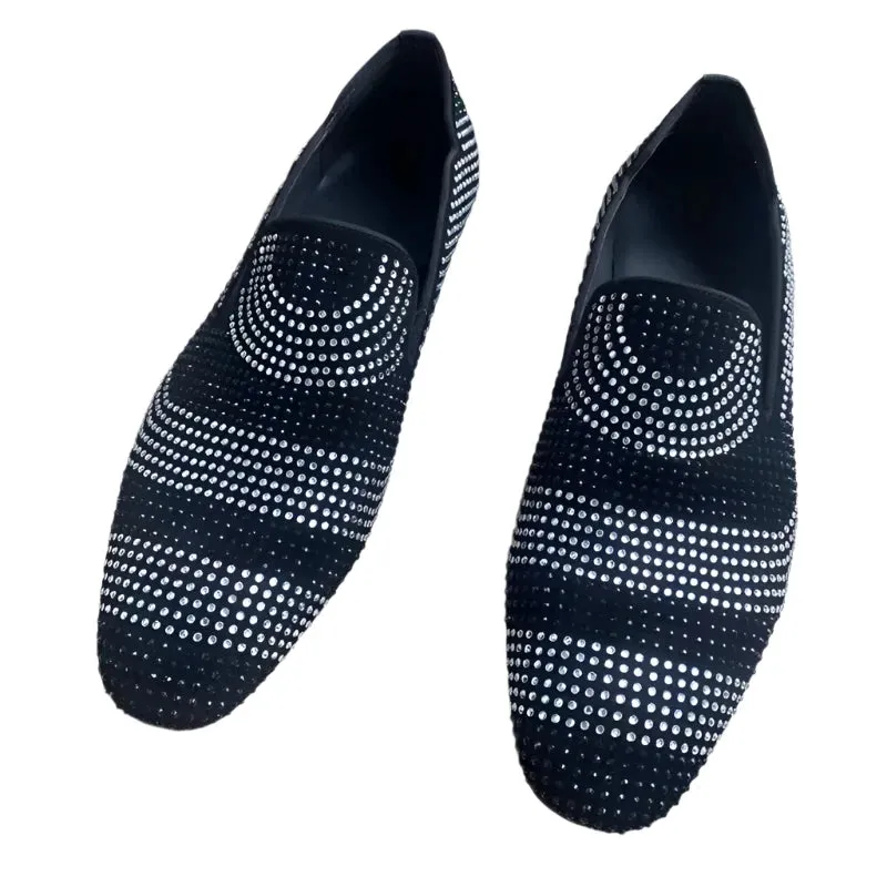 New Black & White Rhinestone Loafers for Men – Suede Leather Italian Dress Shoes with Crystal Accents, Slip-On Flats